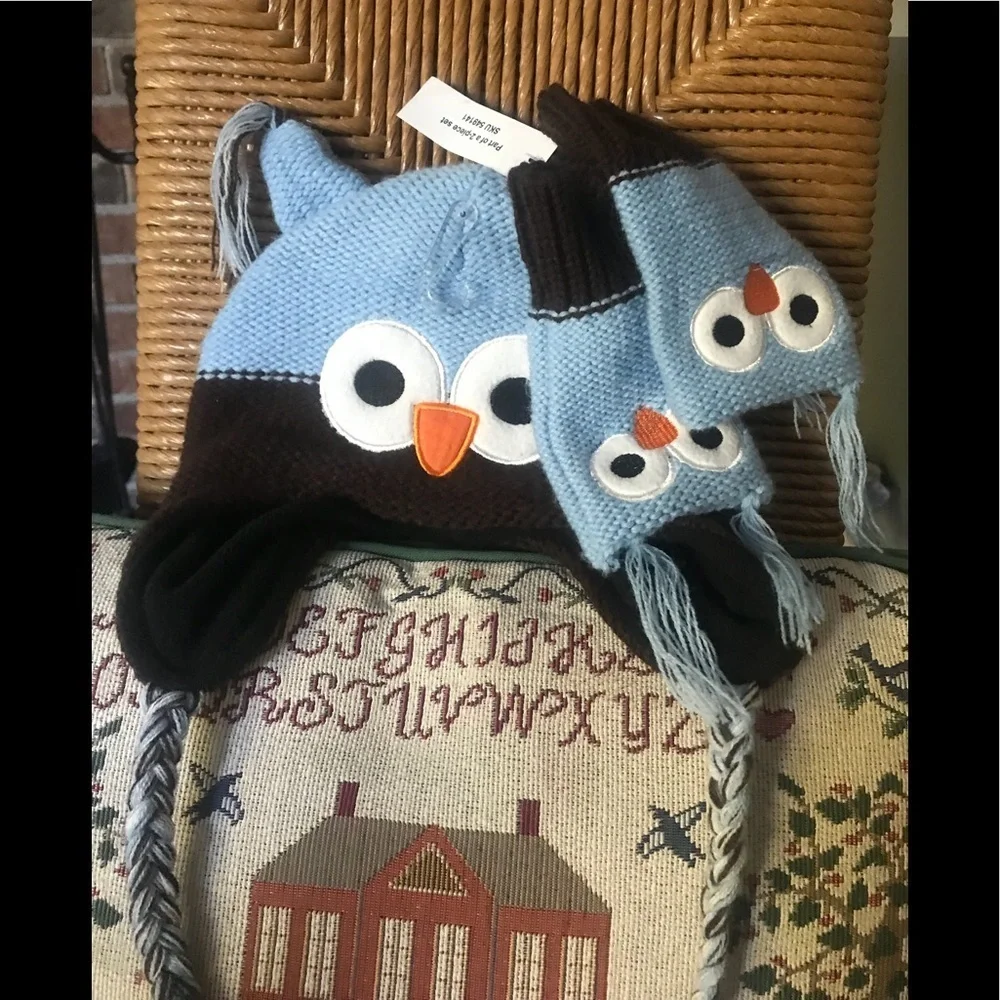 💙 Baby Owl Crochet 3-piece Hat And Matching Warmers